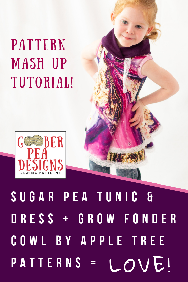 Tutorial detailing how to combine the cowl from the Grow Fonder PDF sewing pattern (by Apple Tree Sewing Patterns) with the Sugar Pea Tunic and Dress PDF sewing pattern (by Goober Pea Designs). 
